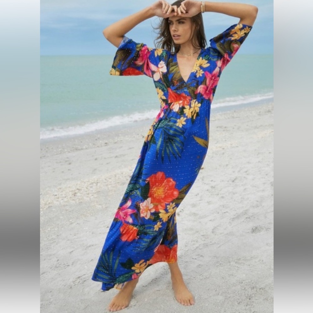 PQ Swim Samantha Maxi Dress Cover up. Blue Floral Boca M/L - Picture 3 of 4